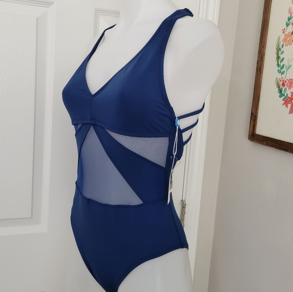Bleu Rod Beattie Sheer Mesh Panel Strappy Back One Piece Swimsuit
